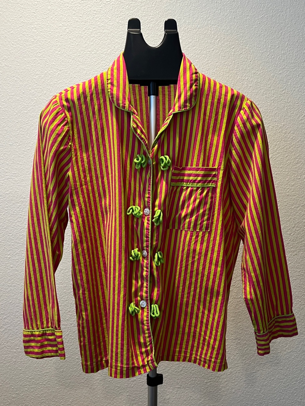 Maria de la Orden Striped Button‑Down Shirt Pink & Green – Parisian Chic Size M